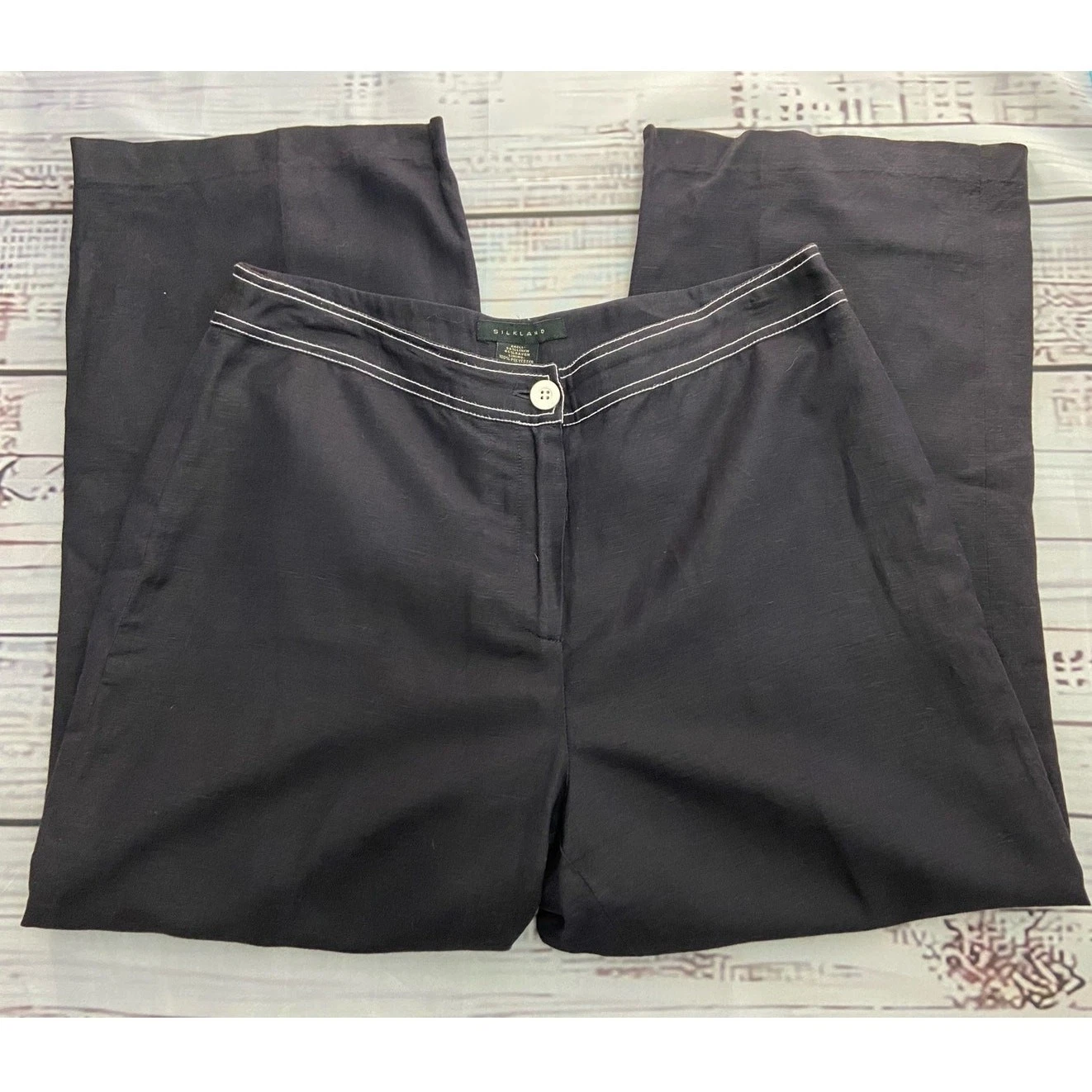 Silkland Capri Pant Women 8 Linen Blend Black High Rise Lined Straight Leg