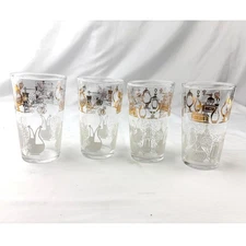 Vintage Federal Glass Tumblers Set of 4 Clear Drinking Glass Gold Accent Design