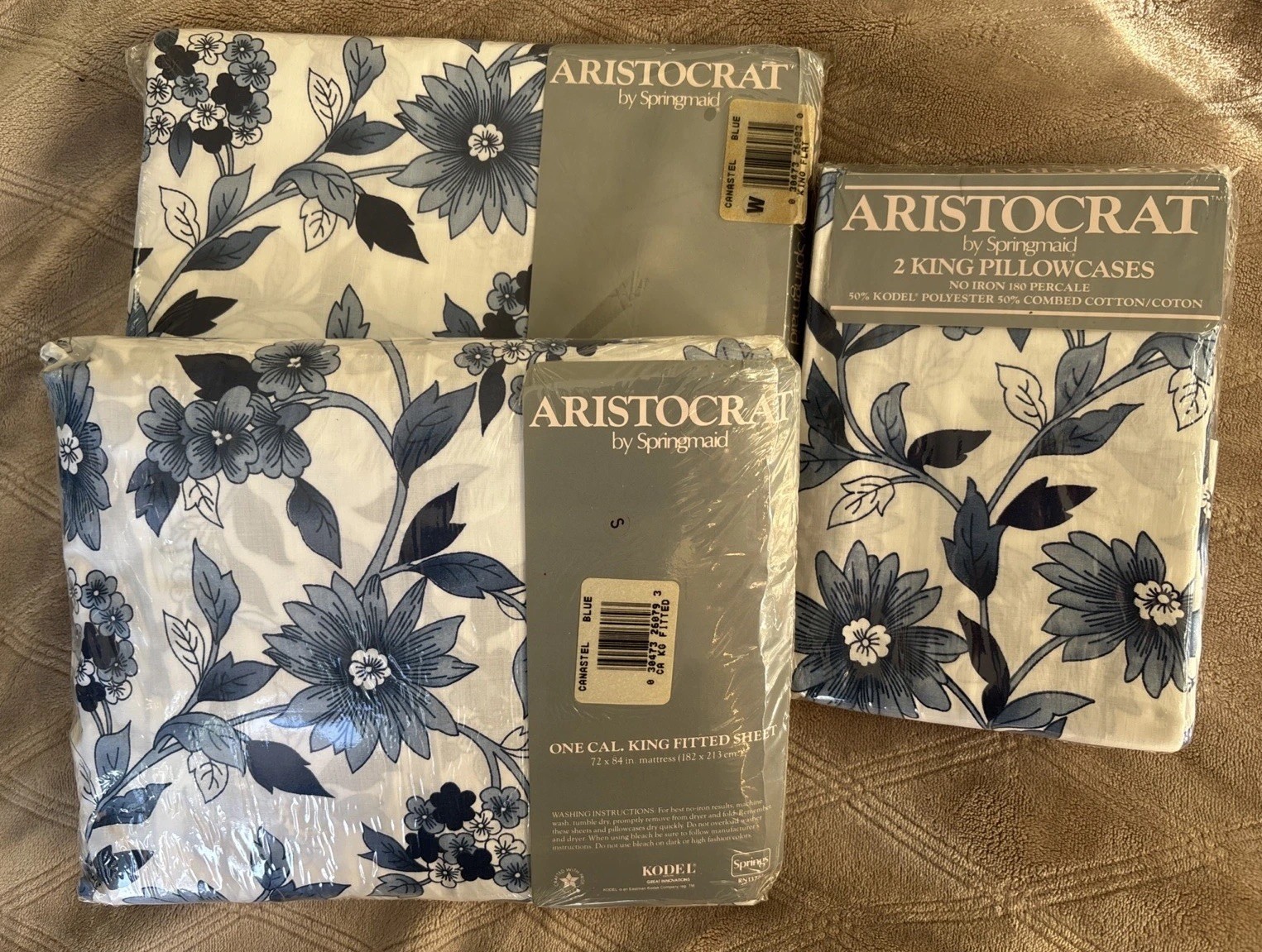 Aristocrat Springmaid Vintage King Flat Sheet Blue White Floral NEW Cottage USA