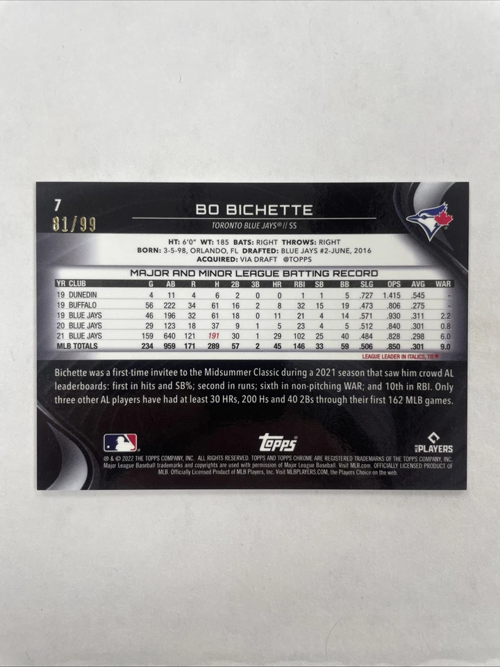 2022 Topps Chrome Black #7 Bo Bichette Green Refractors #/99 - Image 2 of 2