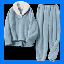 FLEECE 2-PIECE PAJAMAS SET Large FLUFFY PJs Elastic Waist POCKETS Pullover Top