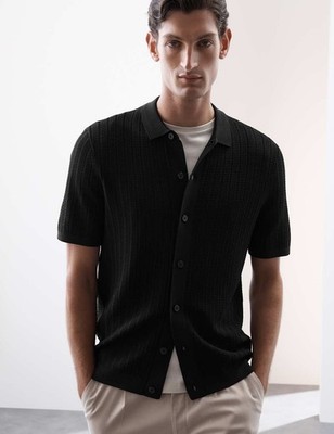 M&S - Autograph Herren Schwarz Viskose Kragen Kurzarm Polo Männer Top