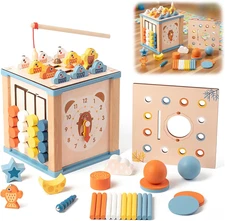 Wooden Activity Cube, 9-In-1 Montessori Toys, Year Old with Fishing Game, Educat