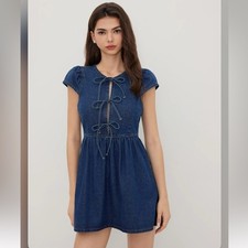 Cider DENIM CUT OUT TIE FRONT BOWKNOT MINI DRESS L 8-10