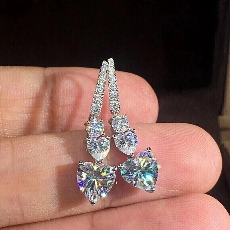 4Ct Lab Created Diamond Heart & Round Drop Dangle Earrings 14K White Gold Plated - Image 3 of 3