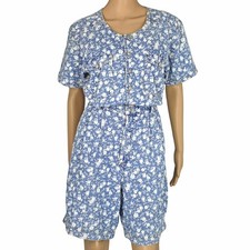 80s Vintage Denim Shorts Romper Playsuit White Rose Floral Grunge Cottagecore M