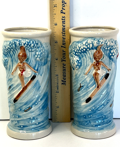 Vintage KOWLOON Surfer Girl Tiki Mugs (2) OTAGIRI Surf Waves Ceramic Saugus MA - Picture 7 of 7