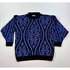 Vintage GFC LTD Metallic Blue Black Damask Knit Sweater Made in USA Crewneck 90s