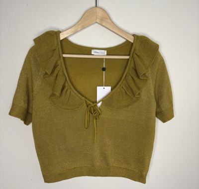 Lovers + Friends Gold Ruffle Trim Crop Knit Top Blouse Romantic Size Small