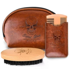 Beard Brush and Comb Set, Boar Bristle Hair Beard Brush Kit with Small Leather T