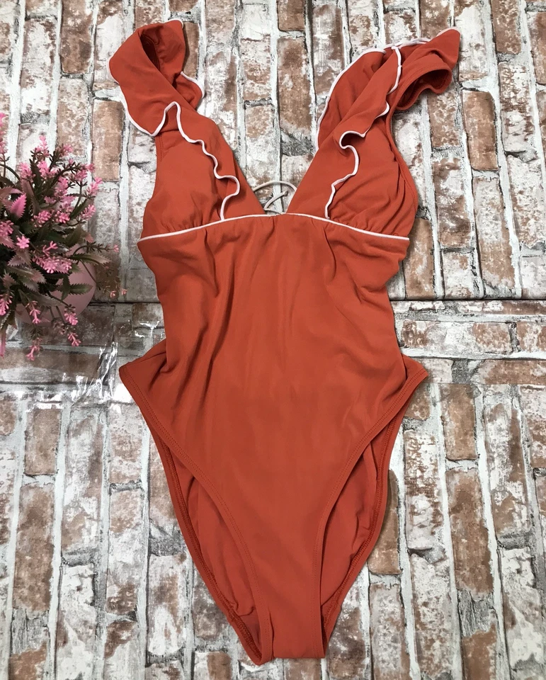 Traje de baño de una pieza Robin Piccone con volantes en V profunda para mujer 8 Naranja Ligeramente acolchado Foto 2 de 4