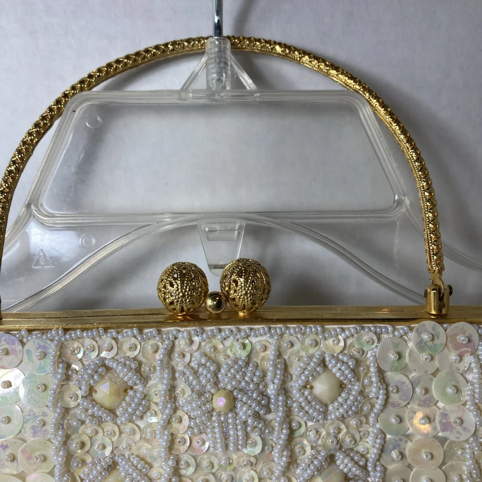 Dena Of Dallas Ivory Gold Sequin Kisslock Beaded Hand Bag Studded 1960s Evening - Image 4 of 4