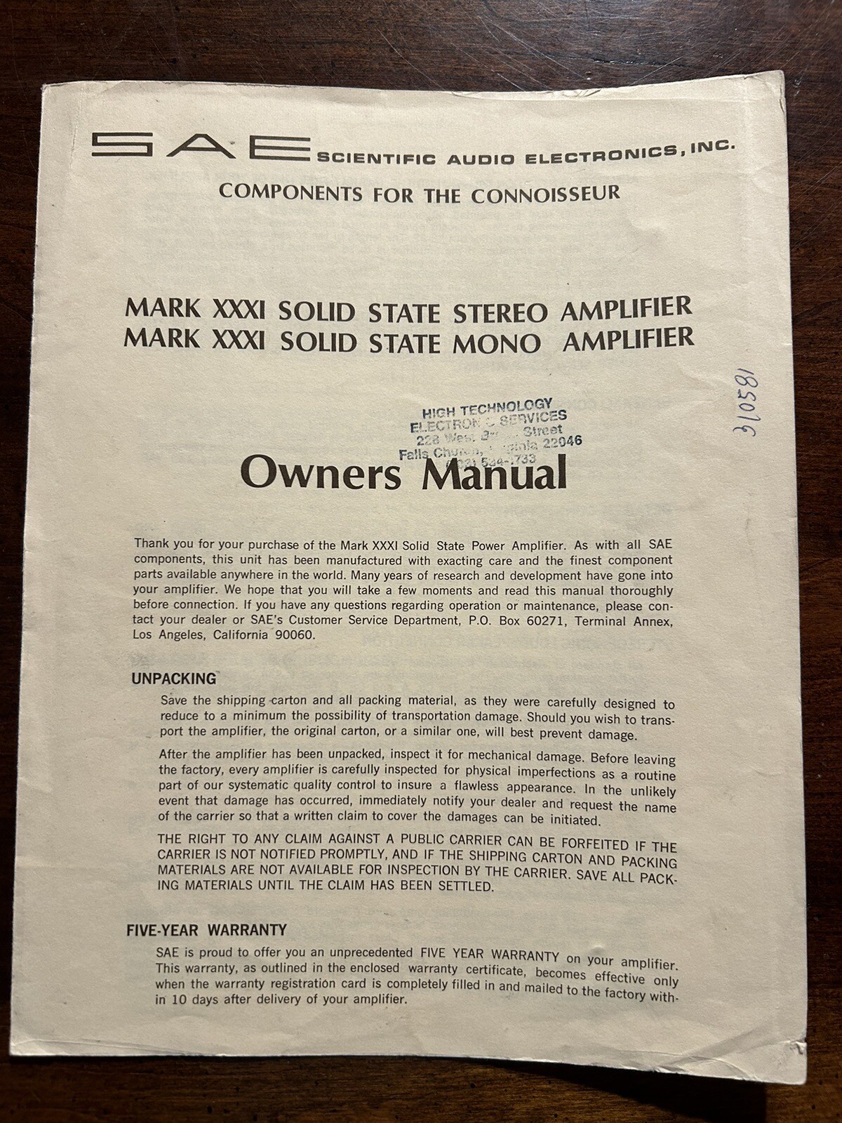 SAE Mark XXXI Stereo Mono Amplifier Amp Owners Manual Original Genuine OEM