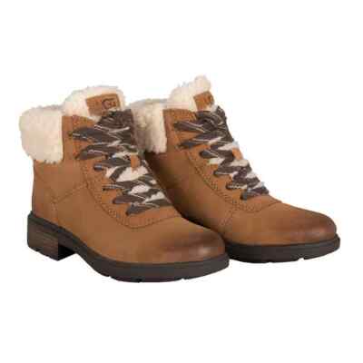 UGG Ladies Harrison Fur Lace Boot CHESNUT Waterproof Leather Foam Footbed Size 6