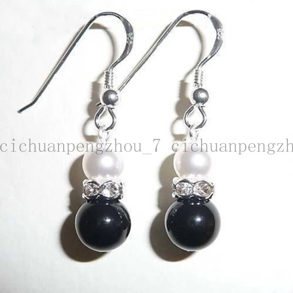 Bonitos pendientes de gancho de plata colgantes de perlas con concha blanca de 8 mm de ágata negra de 12 mm AAA Foto 3 de 3