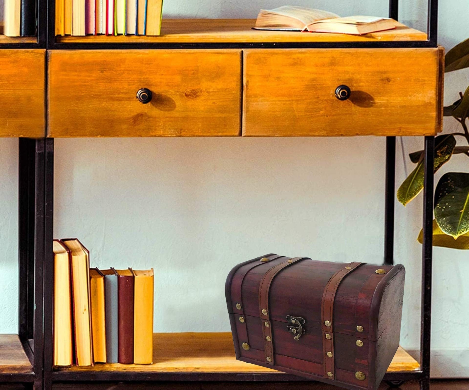 Wood and Leather Treasure Chest Box Decorative Storage Chest Box with