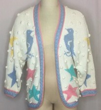 Vtg 80s Fairy Kei Kawaii Pastel BIRDS Stars Pom Poms Sweater Small