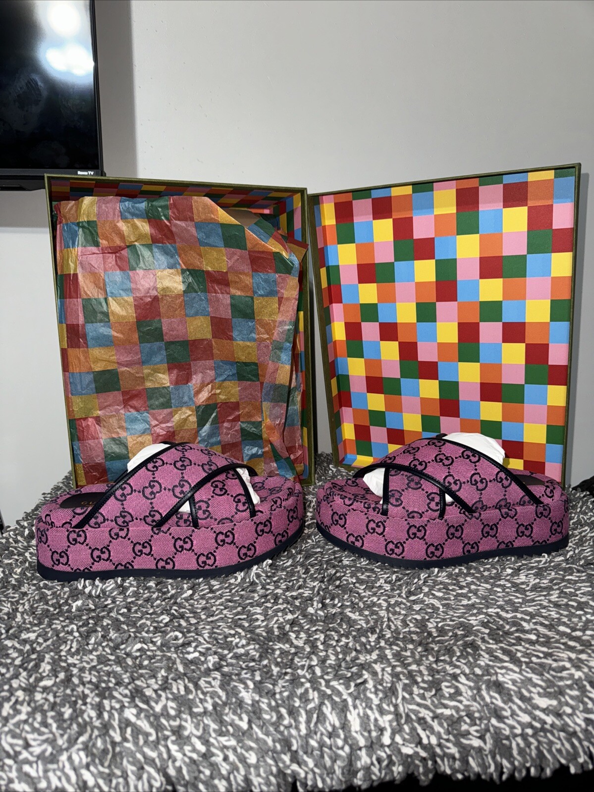 GUCCI Monogram Multicolor Criss Cross Platform Slide Sandals Size 34