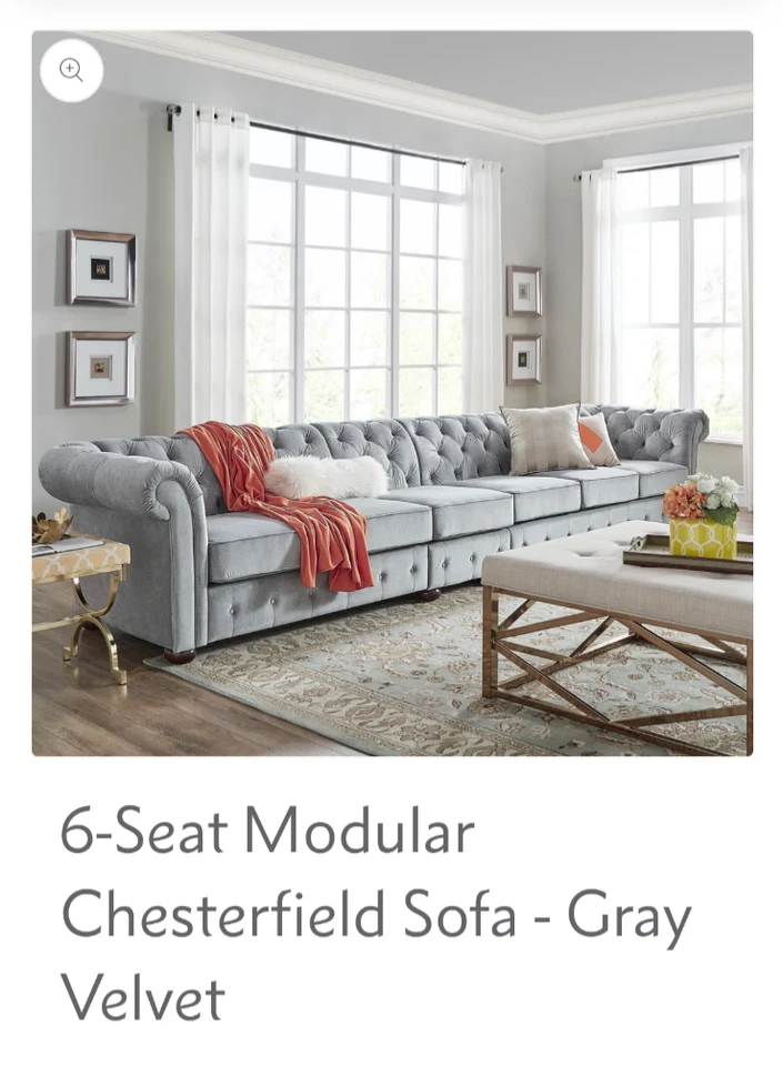 6 座模块化切斯特菲尔德沙发灰色天鹅绒  — 第 2/2 张图片