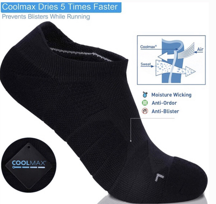 3 Pair  Compression Athletic No Show Running Socks w/ CoolMax, Black, Size Large