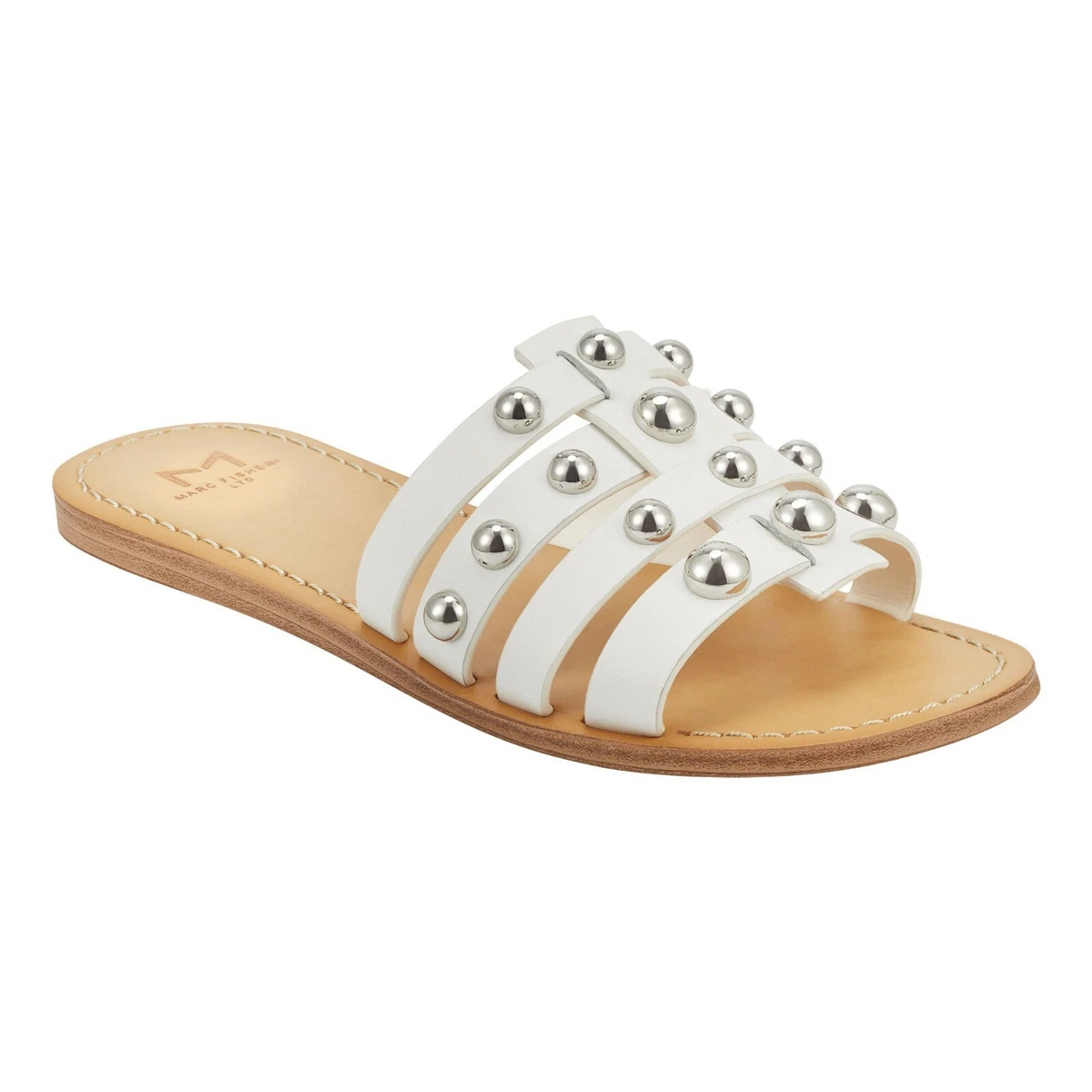 Marc Fisher Sandals Women 7 Pava Slides Studded Flat White Leather