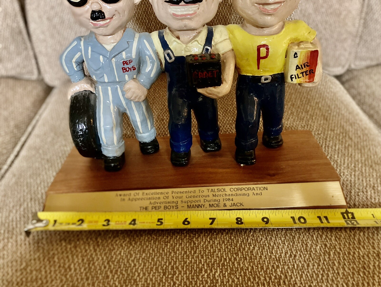 RARE ORIGINAL MANNY MOE JACK PEP BOYS statue on wood base awarded to