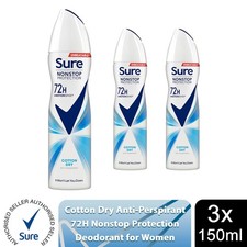 Image of Sure Women Anti-Perspirant 72H Nonstop Protection Deo Cotton Dry 150ml, 3 Pack