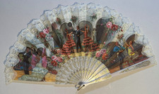 Vintage Spanish Flamenco Hand Fan   Lace Trim, Gold  White Ribs Dancers Artwork