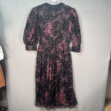 Vintage Richilene New York Black Pink Geometric Print Puff Sleeve Midi Dress