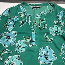 Karl Lagerfeld Green Floral Blouse Size M Split Neck Stripe Hem