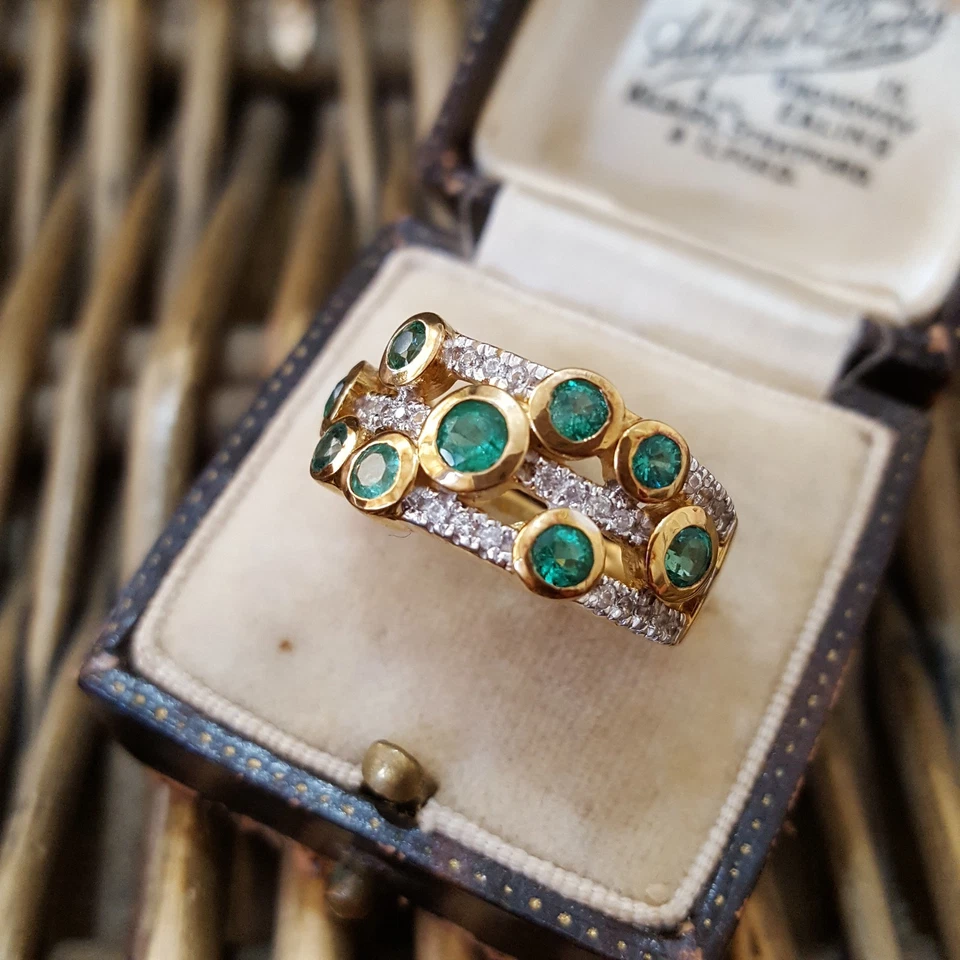 Anillo de Plata de Ley 925, Banda Brasileña de Esmeralda y Topacio, Talla K.5 EE. UU. 5.5, Oro Foto 2 de 4