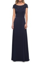 La Femme 29511 Lace Neckline Cap Sleeve Dress SZ 2 ($358) Navy