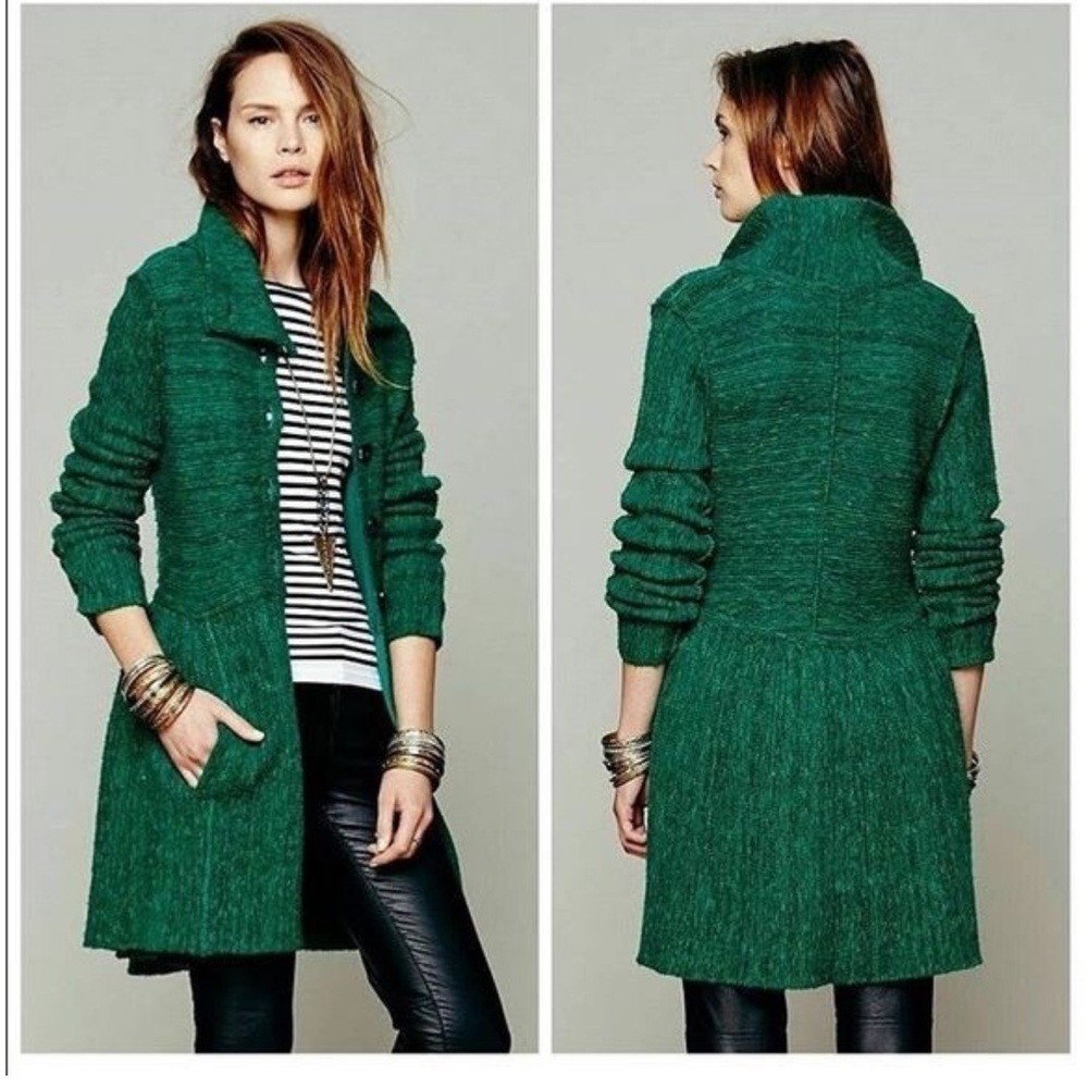 Free People Loch Raven Kelly Green Wool Sweater Jacket Women's Size M