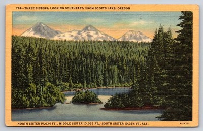 Postcard Three Sisters Oregon Cascade Mountains Lakes Vintage View USA Unposted