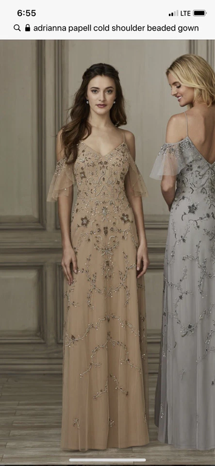 Adrianna Papell Champagne Evening Gown With Cold Shoulder NWT Size 16 - Image 3 of 4