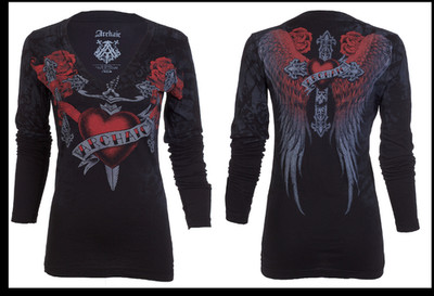 ARCHAIC by AFFLICTION Black HEART STRUCK Sinful Womens Long Sleeve T-shirt NWT