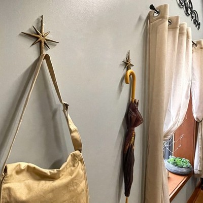 Set of 2 Gold Finish Cast Iron 8-Pointed Atomic Starburst Wall Hooks