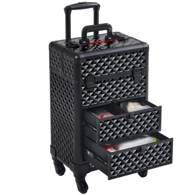 Cosmetic Case Trolley Makeup Train Case Professional Makeup Case on Wheels Black