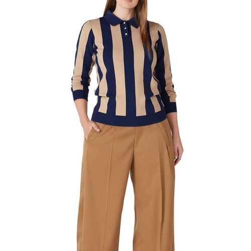 ALEXA CHUNG Long Sleeve Striped Polo Top Shirt Preppy Academia Blue Tan {Y18} - Picture 2 of 7