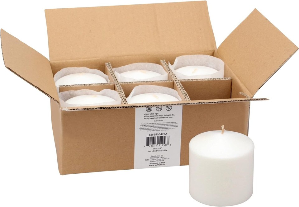 18 Hour Long Burning Unscented Pillar Candles, 3x3, White , Pack of 6