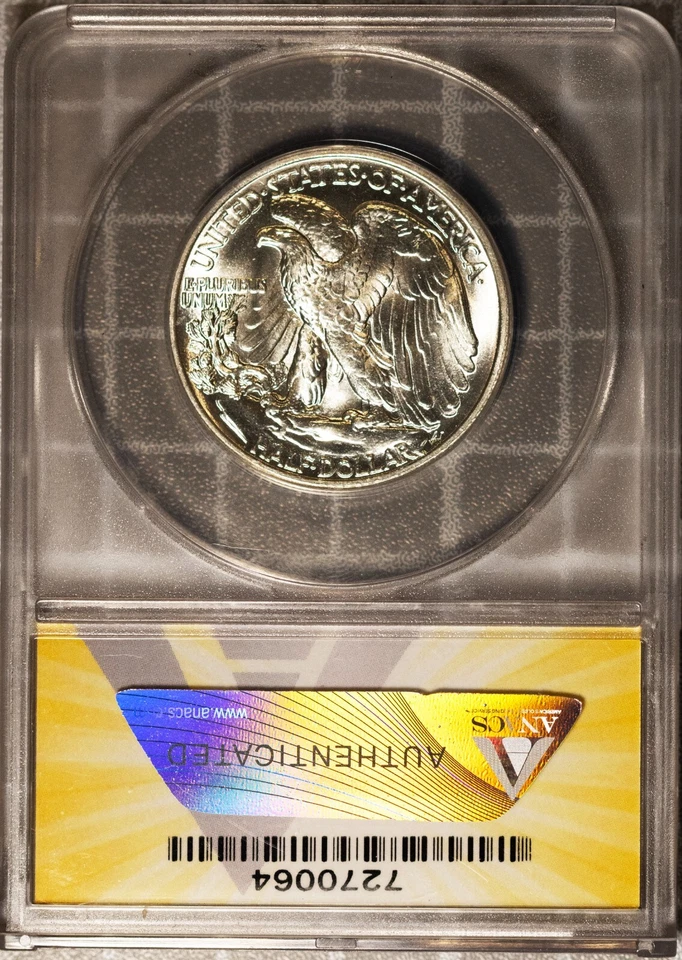 1943 Silver Walking Liberty Half-dollar MS 64 ANACS # 7270064 + Bonus - Image 2 of 2