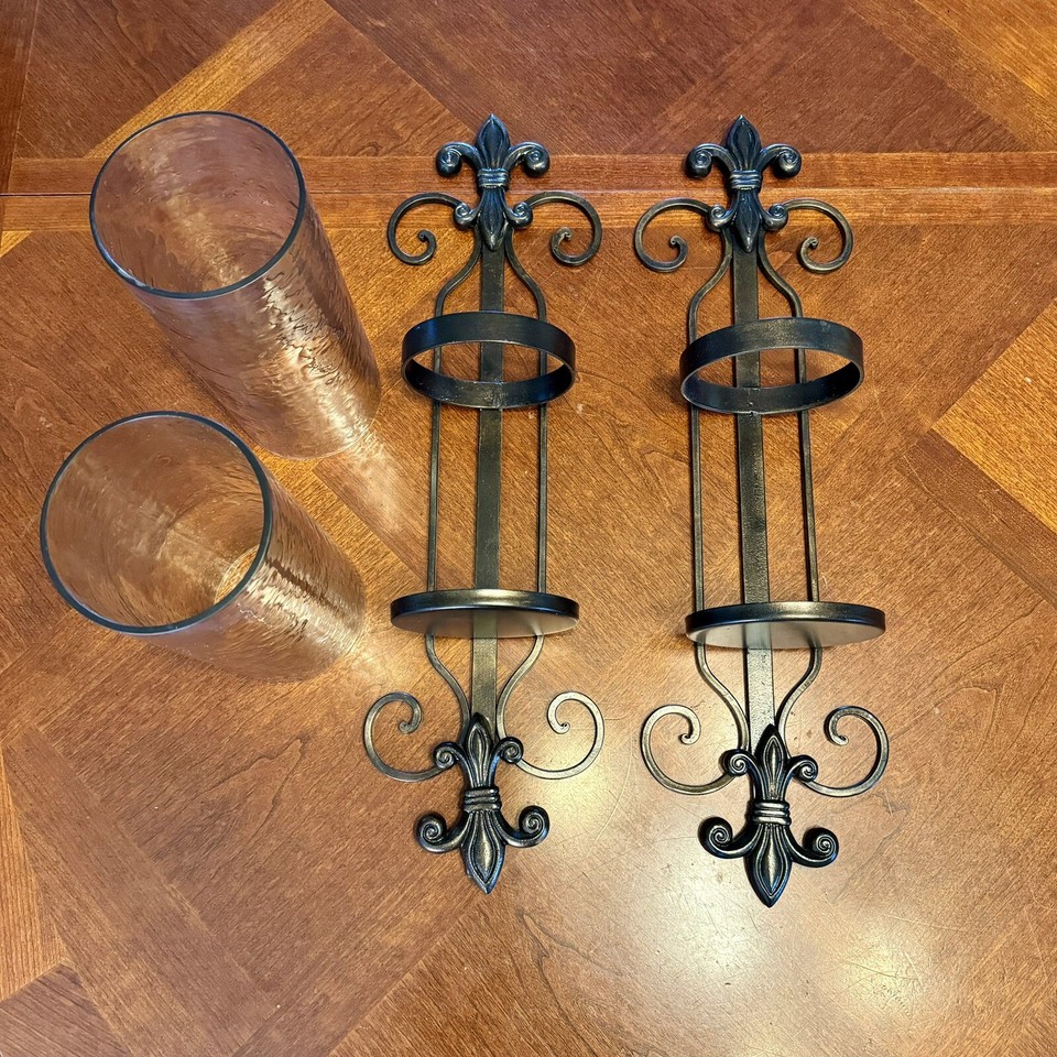 Wrought Iron Candle Holders Hurricane Lamps Sconce Set Of 2 Burned Spot