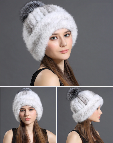 Bianco + Colors Visone Vera Pelliccia Berretto Cappello di fuchs Pompon |  eBay