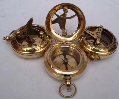 LOT OF 3 COLLECTIBLE VINTAGE MARITIME BRASS PUSH BUTTON SUNDIAL POCKET COMPASS - 第 6/6 張圖片
