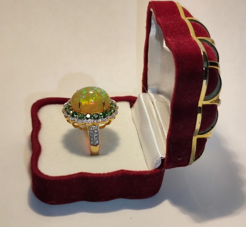 Anillo de ópalo talla 59 7,5 quilates diamantes 0,33 quilates diopsido 1,5 quilates 585 = 14 quilates oro amarillo - Imagen 16 de 18