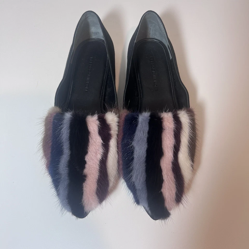 Rebecca Minkoff Amelie Black Leather Multicolor Mink Fur Front Flats Size 8.5M - Image 4 of 4