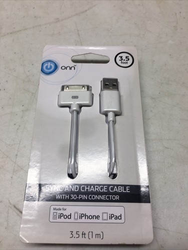 onn. 3.5 ft. Sync and Charge Cable with 30-Pin Connector, White NEW