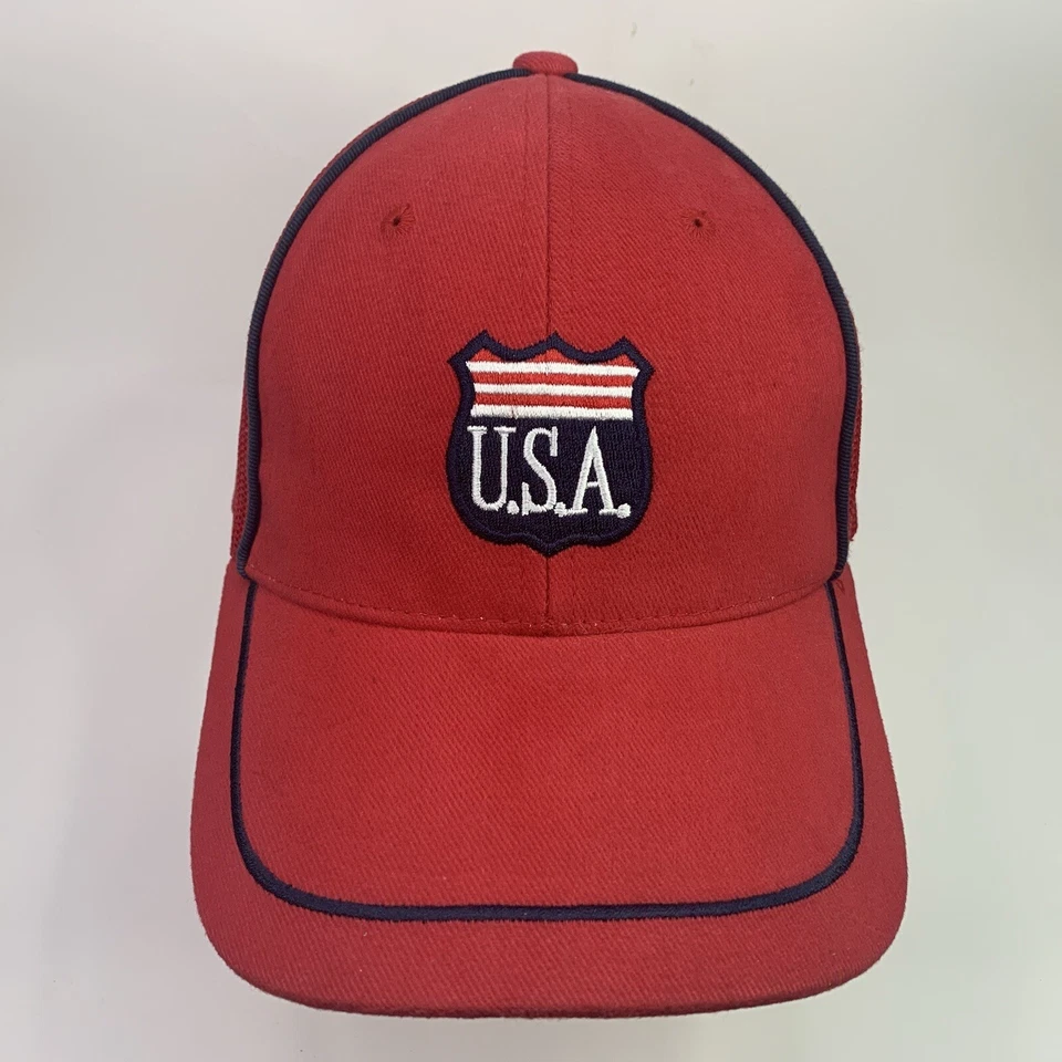 Gorra de béisbol ajustable corona alta roja logotipo bordado escudo EE. UU. Foto 3 de 4