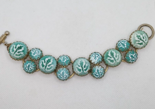 Vintage Henkel & Grosse For Christian Dior Milk Glass Cabochon Leaf Bracelet