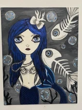 Skeleton Mermaid Big Eye Deviant Pop Surrealism Fantasy ORIGINAL PAINTING OOAK